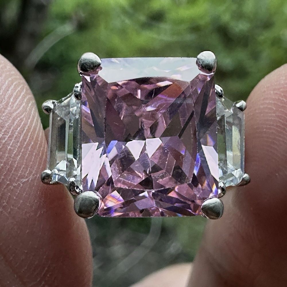 Vintage Statement Ring Size 7.75 Pink Clear‎ Cubic Zirconia 925 Sterling 7.1g